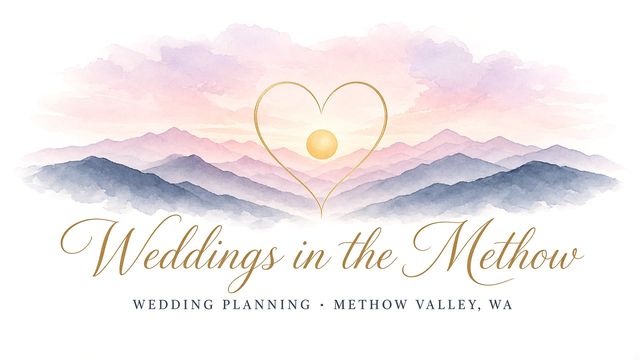 Weddings in the Methow logo: a gold heart and sun over watercolor mountains, with the words Wedding Planning, Methow Valley, WA